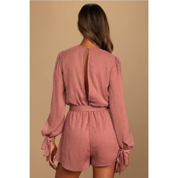 Lulus | Closer Look Dusty Rose Swiss Dot Romper Long Tie Sleeves Pink Medium - Picture 3 of 11